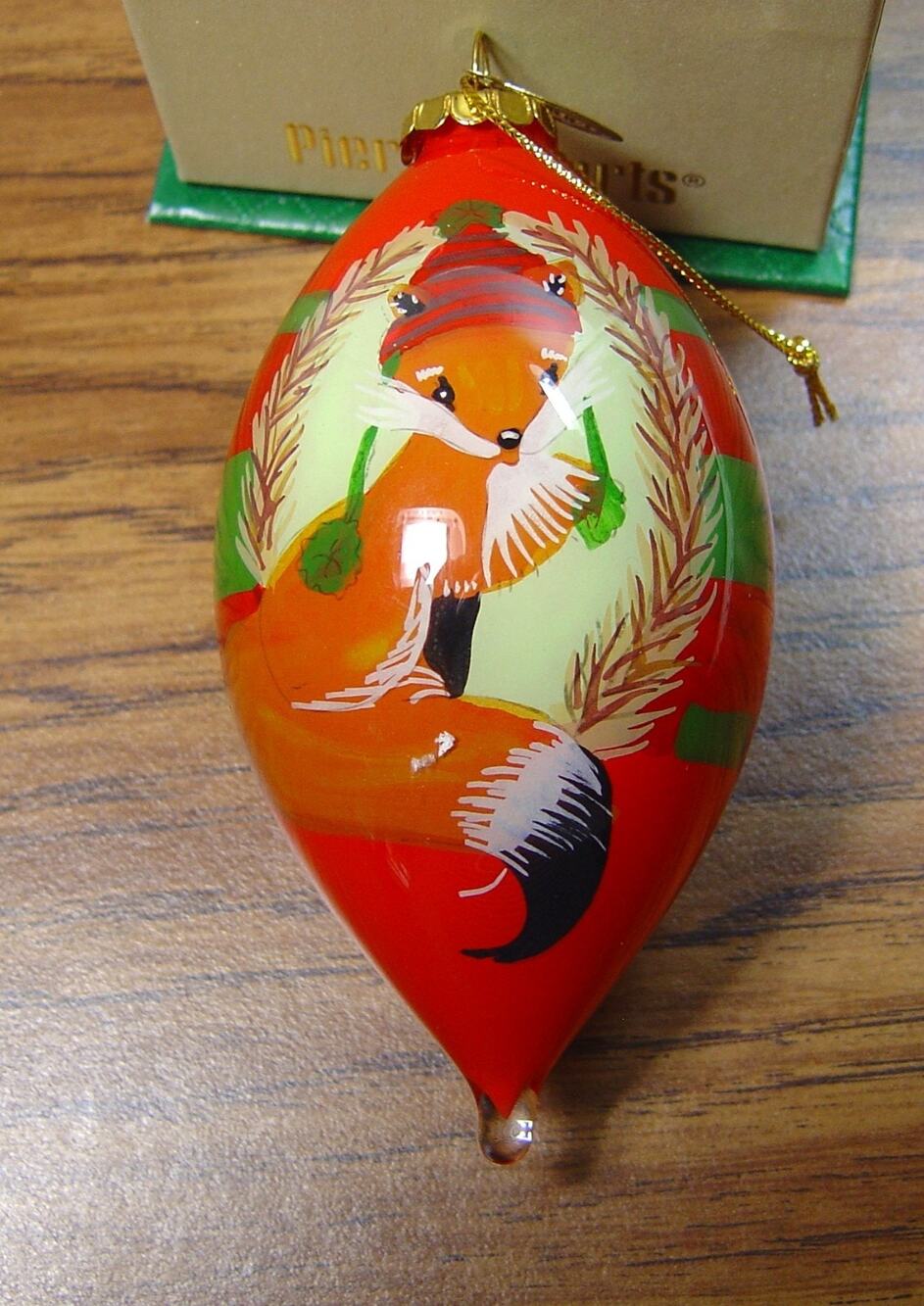 PIER 1 HAND PAINTED TEARDROP SHAPED GLASS ORNAMENT-FOX-WARM WINTER WISHES-2016
